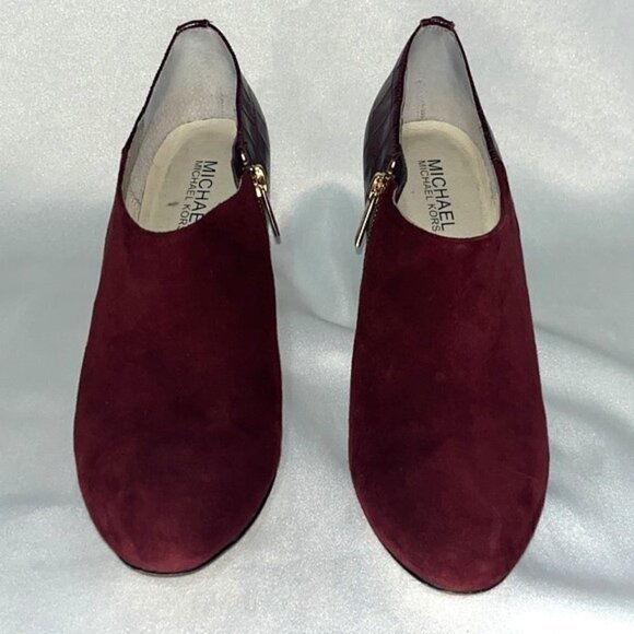 Michael Kors Sammy Ankle Boot Merlot Suede Embossed Leather Heeled Bootie Size 8 - Picture 5 of 11